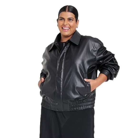 Ava & Viv Women 1X Ruched Sleeve Full Zip Front Faux Leather Black Bomber Jacket - Picture 1 of 7